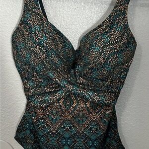 Miraclesuit Teal Black Brown Printed One-Piece Swimdress